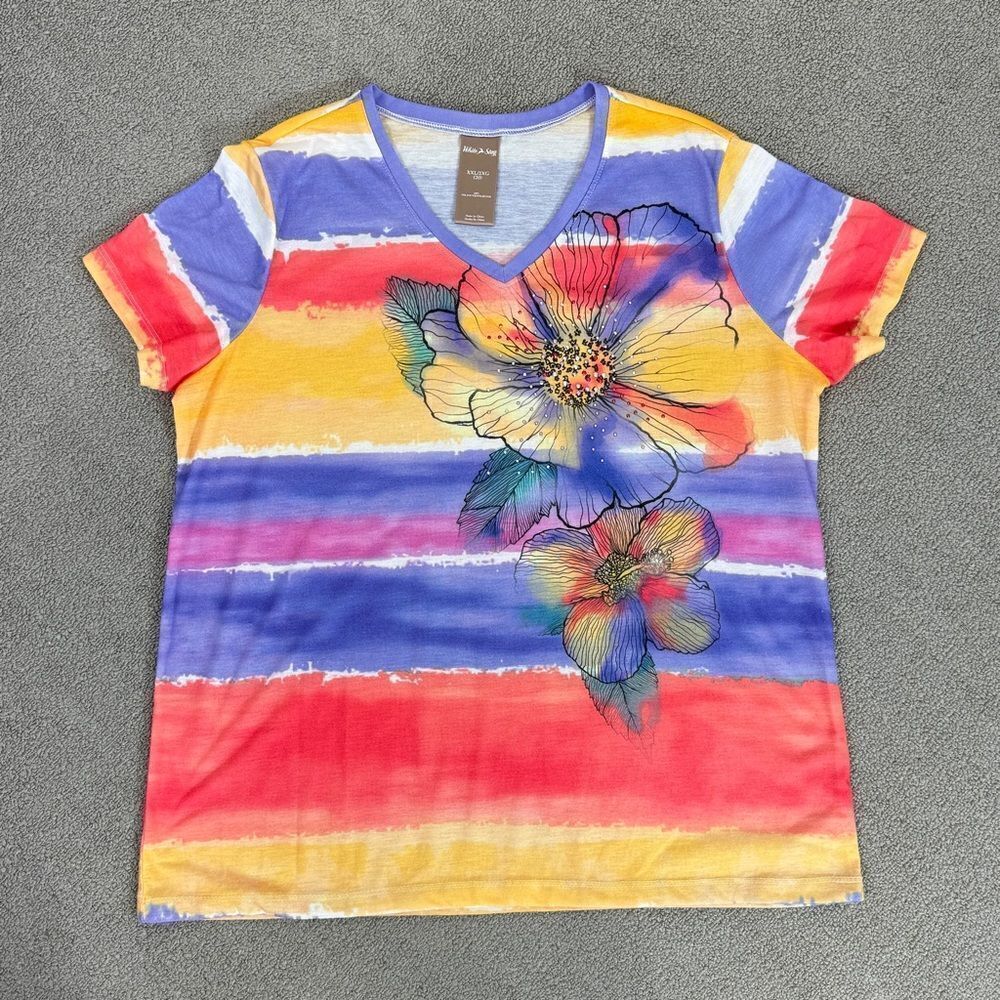 White Stag Ombre Striped Floral Studded Tee Shirt Purple Pink Yellow XXL - Picture 11 of 11